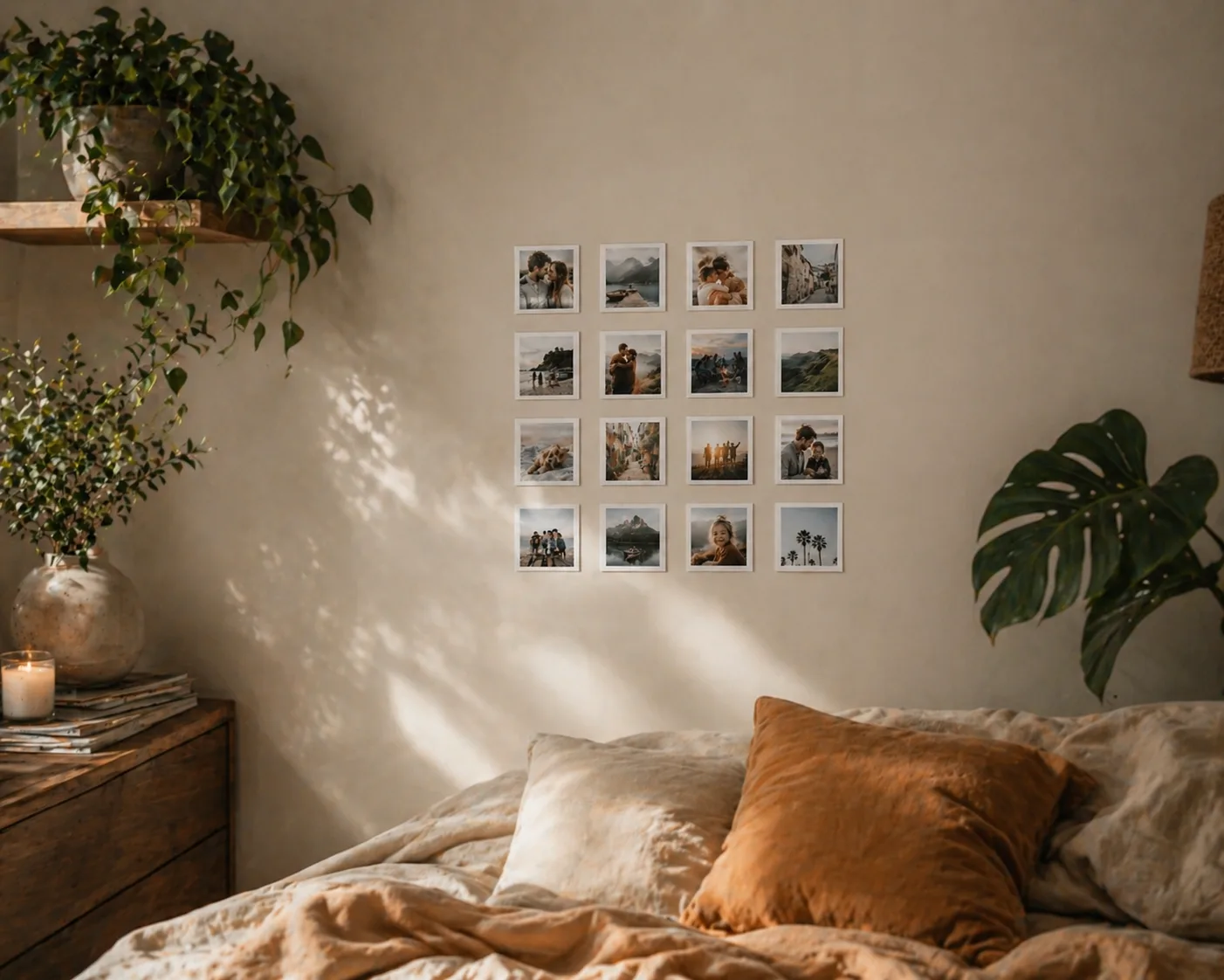 Composición de fotos cuadradas decorando un dormitorio