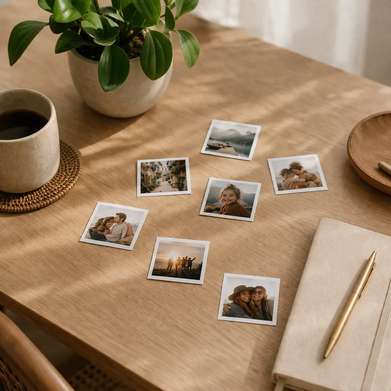 Fotos cuadradas impresas sobre una mesa de madera