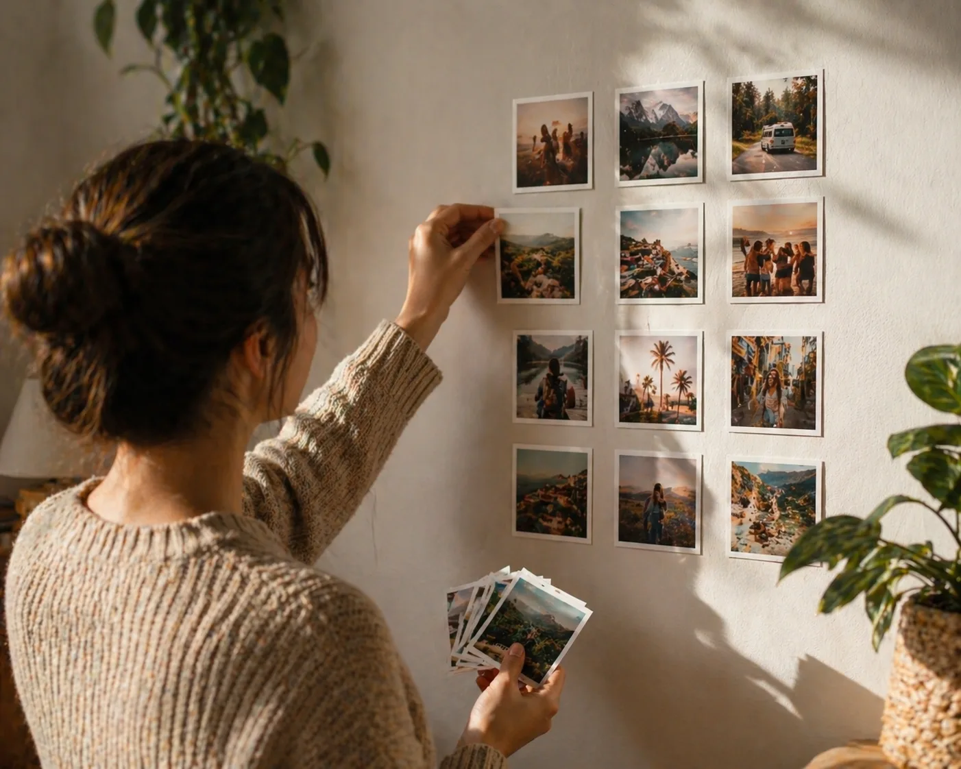 Persona armando una pared decorada con fotos cuadradas