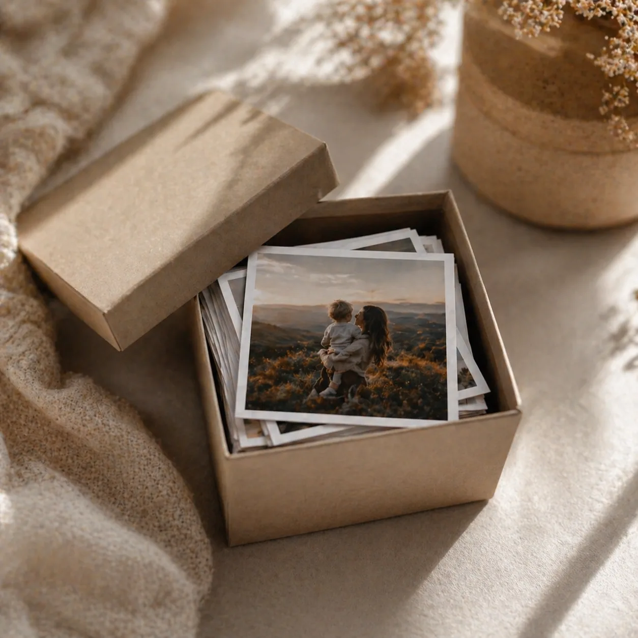 Caja de recuerdos con fotos cuadradas impresas