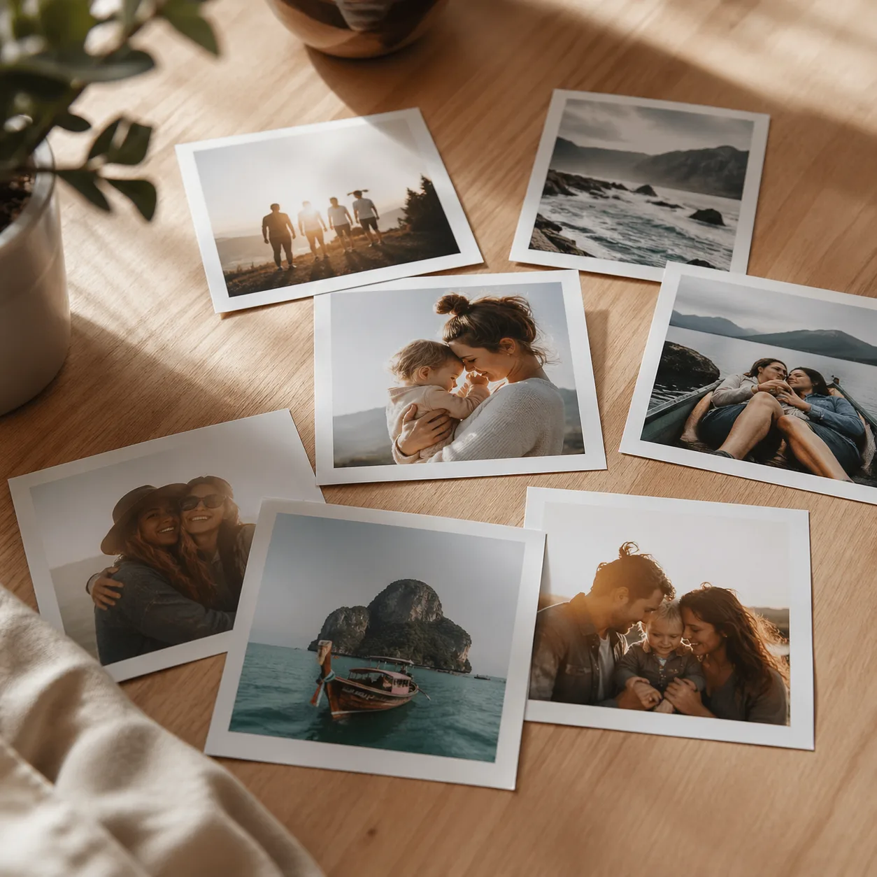 Persona sosteniendo una foto cuadrada impresa sobre una mesa con más recuerdos