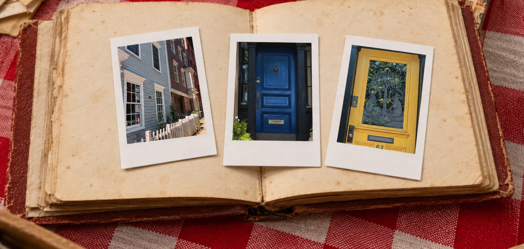 Fotos Mini de casas y puertas de colores sobre las páginas de un diario de viaje abierto.