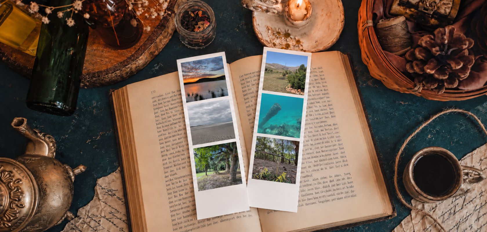 Tiras de fotos de 5 por 17 con tres fotos de viaje diferentes cada una, sobre un libro abierto.