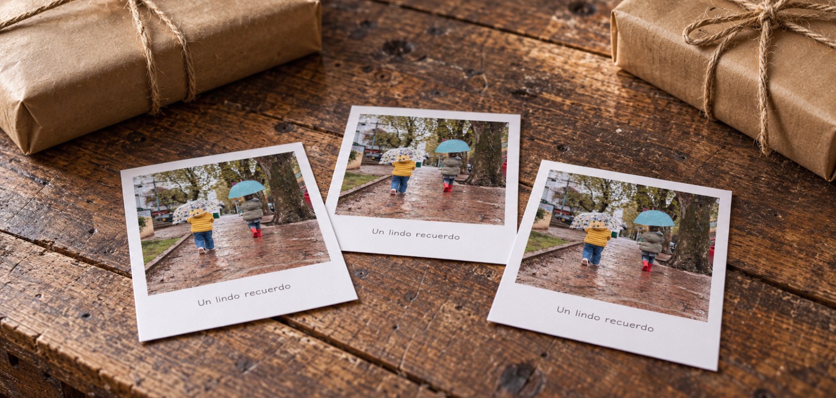 Souvenirs Polaroid con una misma foto de dos niñas de espalda y un mensaje, sobre una mesa de madera con paquetes de papel kraft.